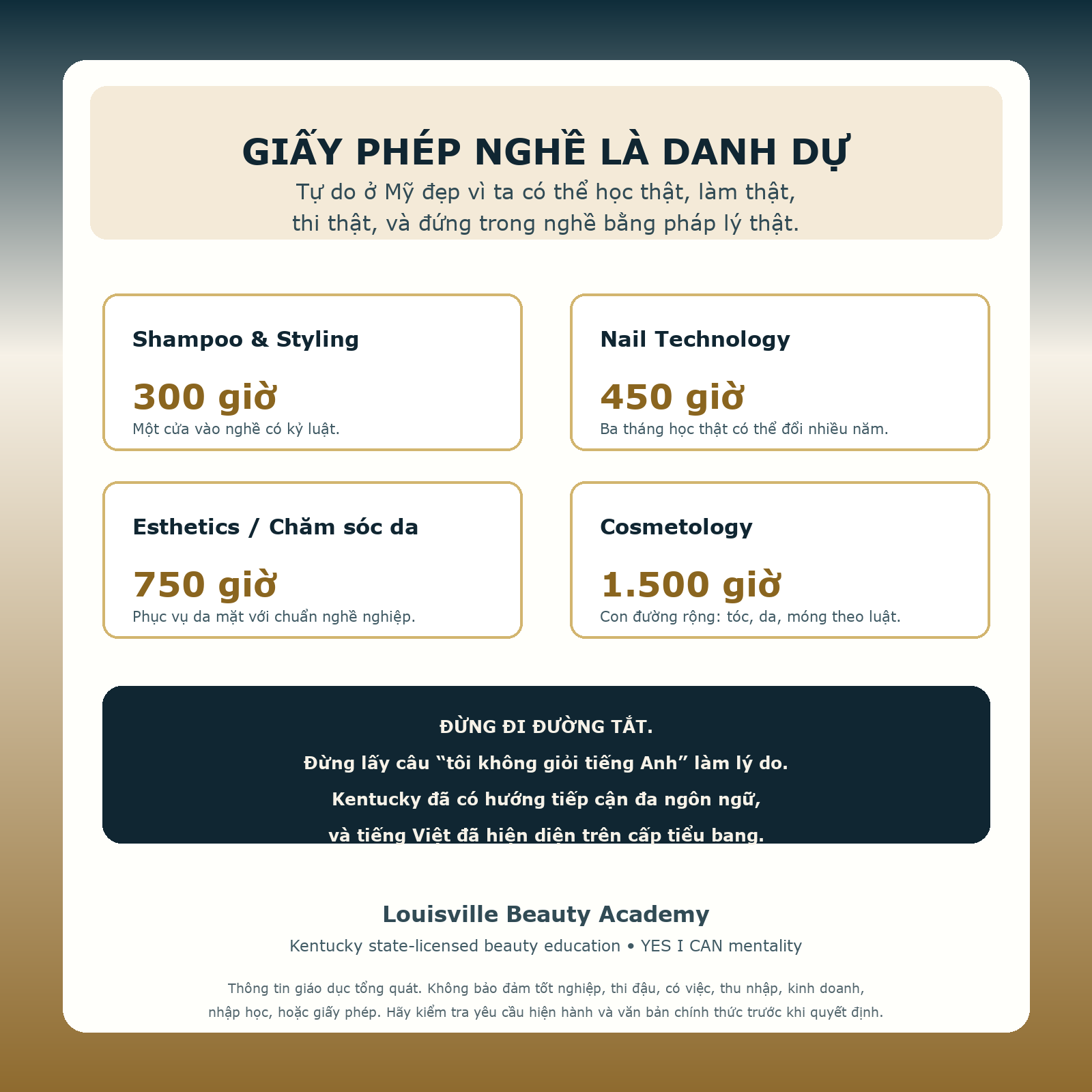 Vietnamese infographic explaining Kentucky beauty license pathways: Shampoo and Styling 300 hours, Nail Technology 450 hours, Esthetics 750 hours, and Cosmetology 1,500 hours.
