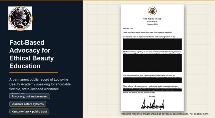 Editorial featured image for Louisville Beauty Academy fact-based advocacy with a redacted White House response letter and student-centered education message.