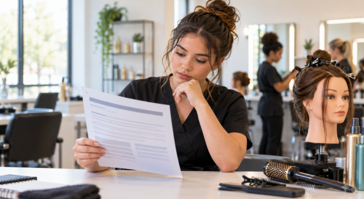 Beauty-school student reviewing a generic accreditation document beside a cosmetology mannequin and salon tools