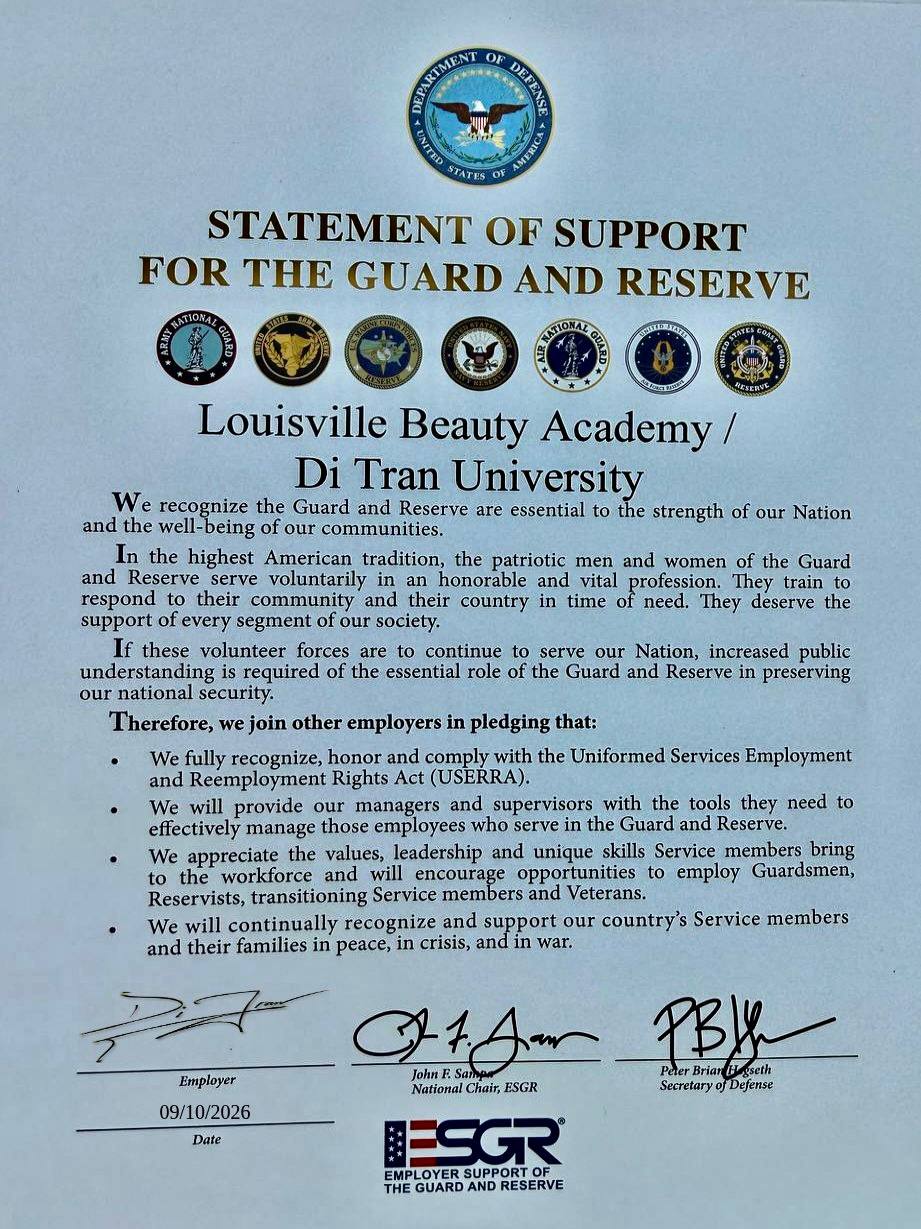 Signed ESGR Statement of Support for Louisville Beauty Academy and Di Tran University dated September 10, 2026.