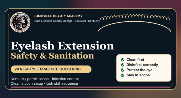 Louisville Beauty Academy Eyelash Extension Safety and Sanitation 20 NIC-style practice questions study guide feature image
