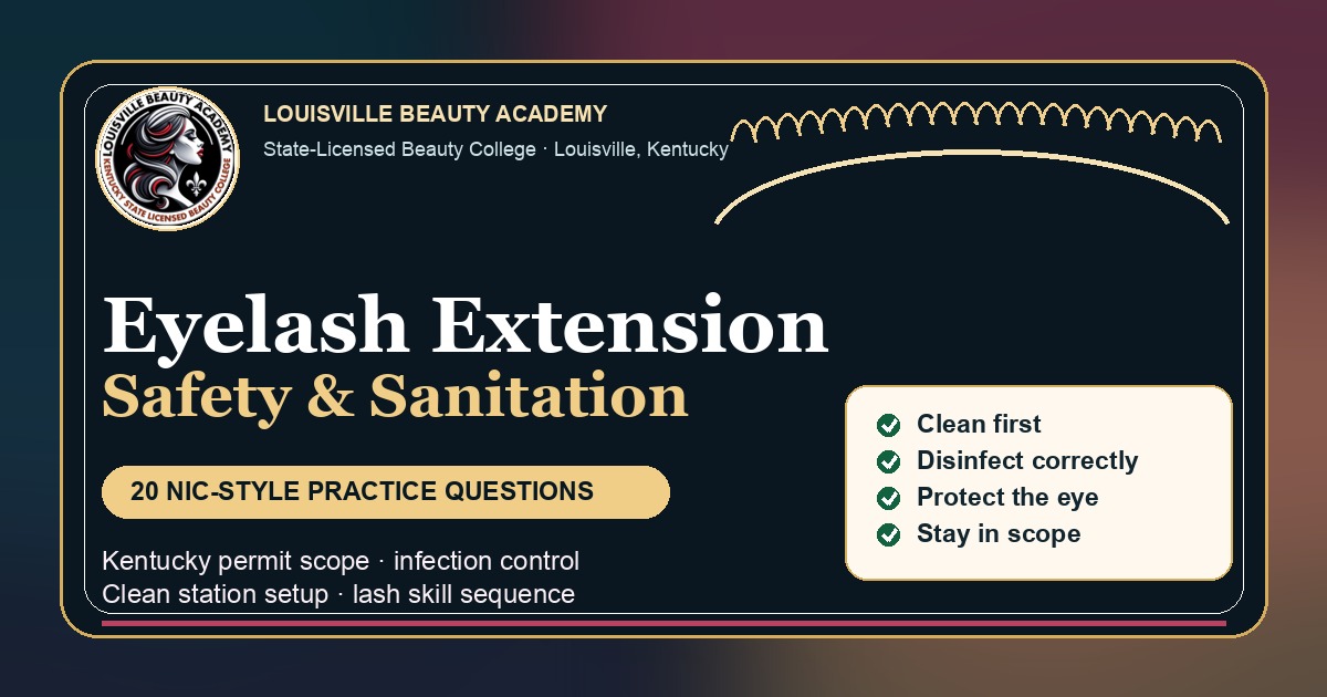 Louisville Beauty Academy Eyelash Extension Safety and Sanitation 20 NIC-style practice questions study guide feature image