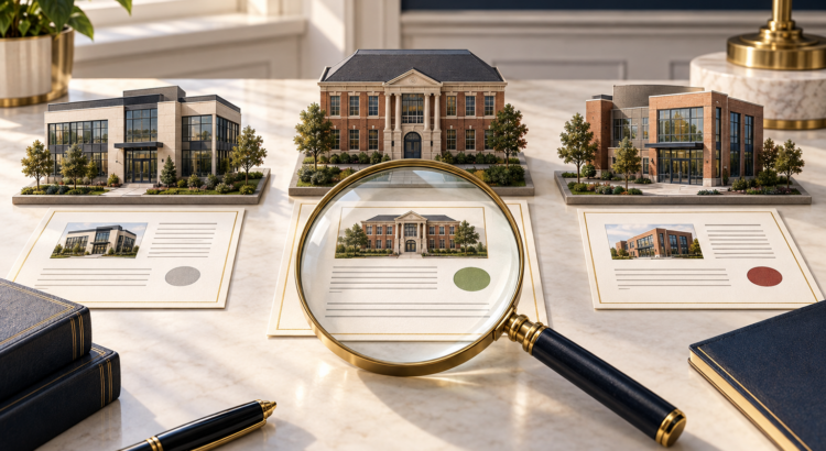 Editorial illustration of three separate school campuses and written location records, with a magnifying glass emphasizing the need to verify the exact campus address.