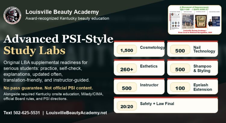 Louisville Beauty Academy advanced PSI-style supplemental study labs social preview with course question counts, award recognition, and no-pass-guarantee language.