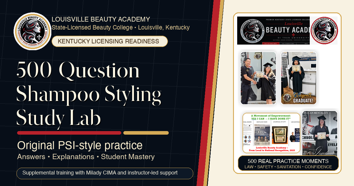 Louisville Beauty Academy Shampoo Styling Study Lab 500 PSI-style practice questions, answers, and explanations social feature image