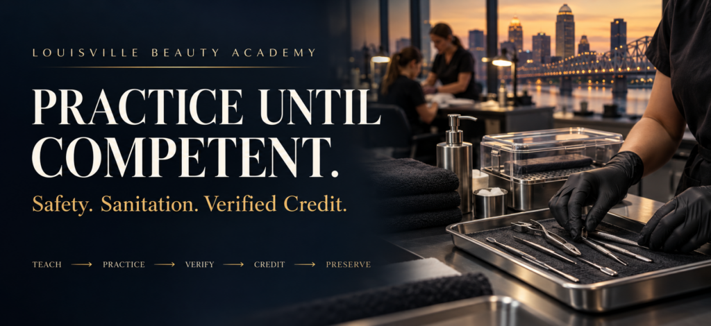 Practice Until Competent. Safety, Sanitation, Verified Credit. Louisville Beauty Academy: Teach, Practice, Verify, Credit, Preserve. Illustrative supervised beauty-training scene with Louisville skyline.