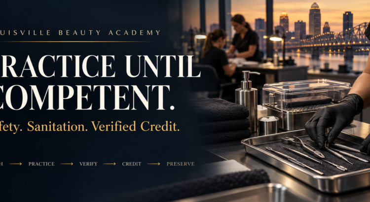 Practice Until Competent. Safety, Sanitation, Verified Credit. Louisville Beauty Academy: Teach, Practice, Verify, Credit, Preserve. Illustrative supervised beauty-training scene with Louisville skyline.