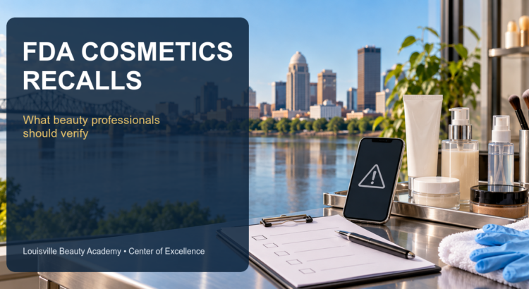 FDA cosmetics recall literacy editorial image with Louisville skyline, salon safety checklist, sealed beauty products, and protective gloves
