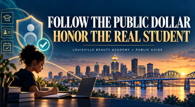 Louisville skyline, adult beauty student, secure identity shield, and verified attendance symbols illustrating LBA’s public guide to protecting real students and taxpayer dollars.
