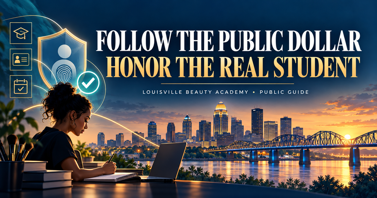 Editorial illustration of a learner studying beside the Louisville skyline, with symbols for identity protection and attendance records