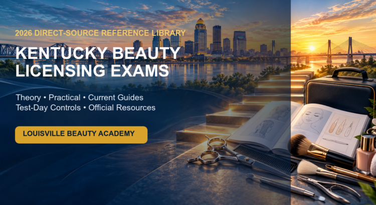 Louisville skyline at sunrise beside a pathway, beauty tools, an exam kit, and guide pages, titled Kentucky Beauty Licensing Exams — 2026 Direct-Source Reference Library.