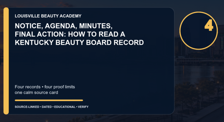 Louisville skyline feature image titled Notice, Agenda, Minutes, Final Action: How to Read a Kentucky Beauty Board Record