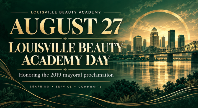 August 27 — Louisville Beauty Academy Day. Emerald and gold editorial artwork honoring the 2019 mayoral proclamation, with an illustrated Louisville riverfront.