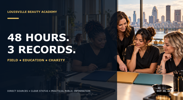 Louisville beauty students with three record folders and title 48 Hours, 3 Records