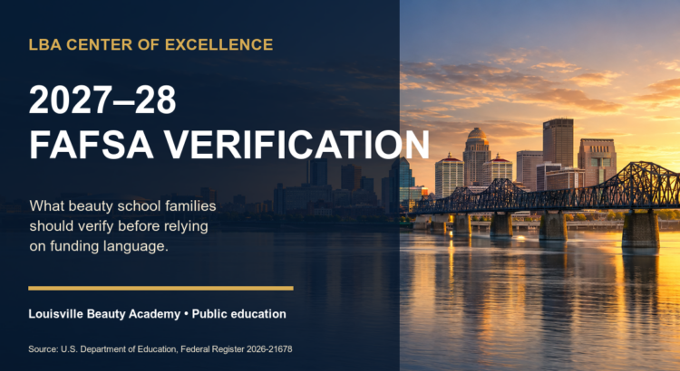 Editorial Louisville riverfront skyline and Ohio River bridge behind a title about 2027–28 FAFSA verification for beauty school families.