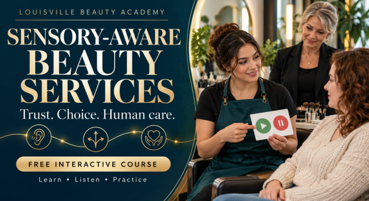 Sensory-Aware Beauty Services — Louisville Beauty Academy. Trust. Choice. Human care. An illustrative supervised salon consultation.