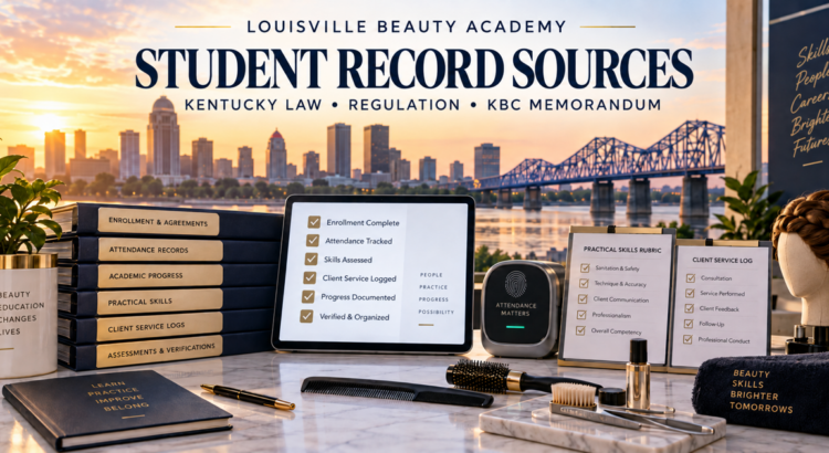 Louisville skyline and bridge behind organized beauty-school student records under the neutral title Student Record Sources: Kentucky Law, Regulation, KBC Memorandum.