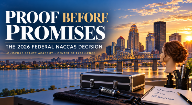 Proof Before Promises editorial guide to the 2026 federal NACCAS decision, with a Louisville skyline, beauty training tools, and a student verification checklist