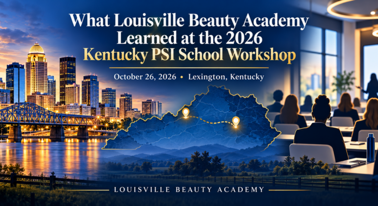 Editorial illustration connecting the Louisville skyline to a Kentucky workshop classroom, titled What Louisville Beauty Academy Learned at the 2026 Kentucky PSI School Workshop.