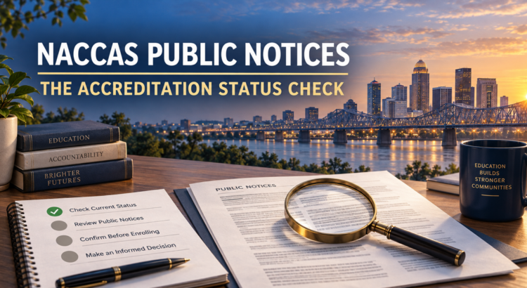 Editorial Louisville skyline view with public notices, a magnifying glass, and a student-facing accreditation status checklist